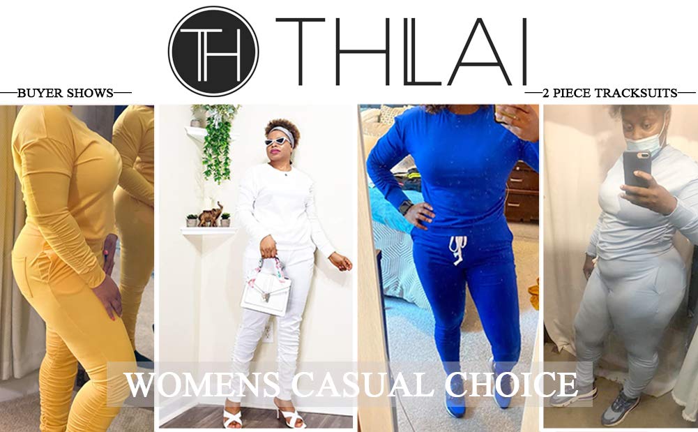 THLAI women solid color 2 piece outfits fall crew neck pullover top long pants set Tracksuit