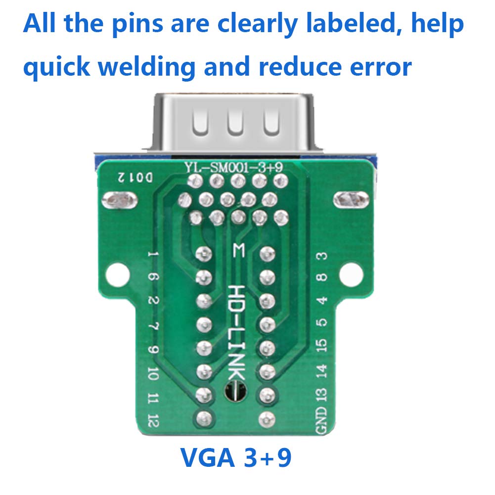Jienk 4Packs VGA DB15 3 Row Solderless Male Quick Connector, 3+9 D-SUB 15 Pin Port Terminal Solderfree Breakout Connector Board with Case Accessories Long Bolts