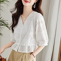 Embroidered Blank Shirt Women's pentapped Sleeves Small Stature Short top Cotton V-Neck Shirt M Coins