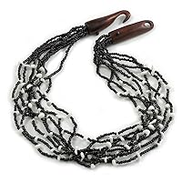 Ethnic Multistrand Black Glass Bead, White Semiprecious Stone Necklace With Wood Hook Closure - 60cm L
