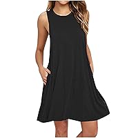 Women Summer Casual Swing T Shirt Dresses Beach Swimsuit Cover up Sleeveless Crewneck Loose Tank Dress with Pockets