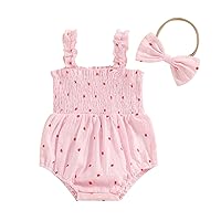 Engofs Newborn Baby Girl Summer Clothes Sleeveless Romper Bodysuit with Headband Boho Outfits (B1 Pink Strawberry, 3-6 Months)