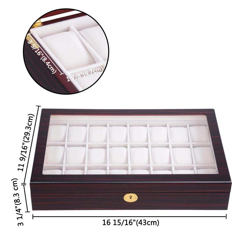 Yescom 24 Slots Wooden Watch Box Watch Display Case Organizer Glass Top Jewelry Pocket Collection Storage Large Ebony Wood