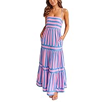 2024 Summer Casual Dresses for Women Stripe Printed Spaghetti Strap Sleeveless Long Dress Beach Vacation Sundress