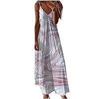 Summer Vacation Maxi Dresses Women 2024 Spaghetti Strap V Neck A-Line Dress Vintage Marble Print Beach Sundress