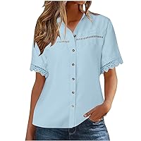 Blouses for Women Dressy Casual Summer Tops Lace Trim Short Sleeve Button Down Shirts Loose Collared Work Tshrits