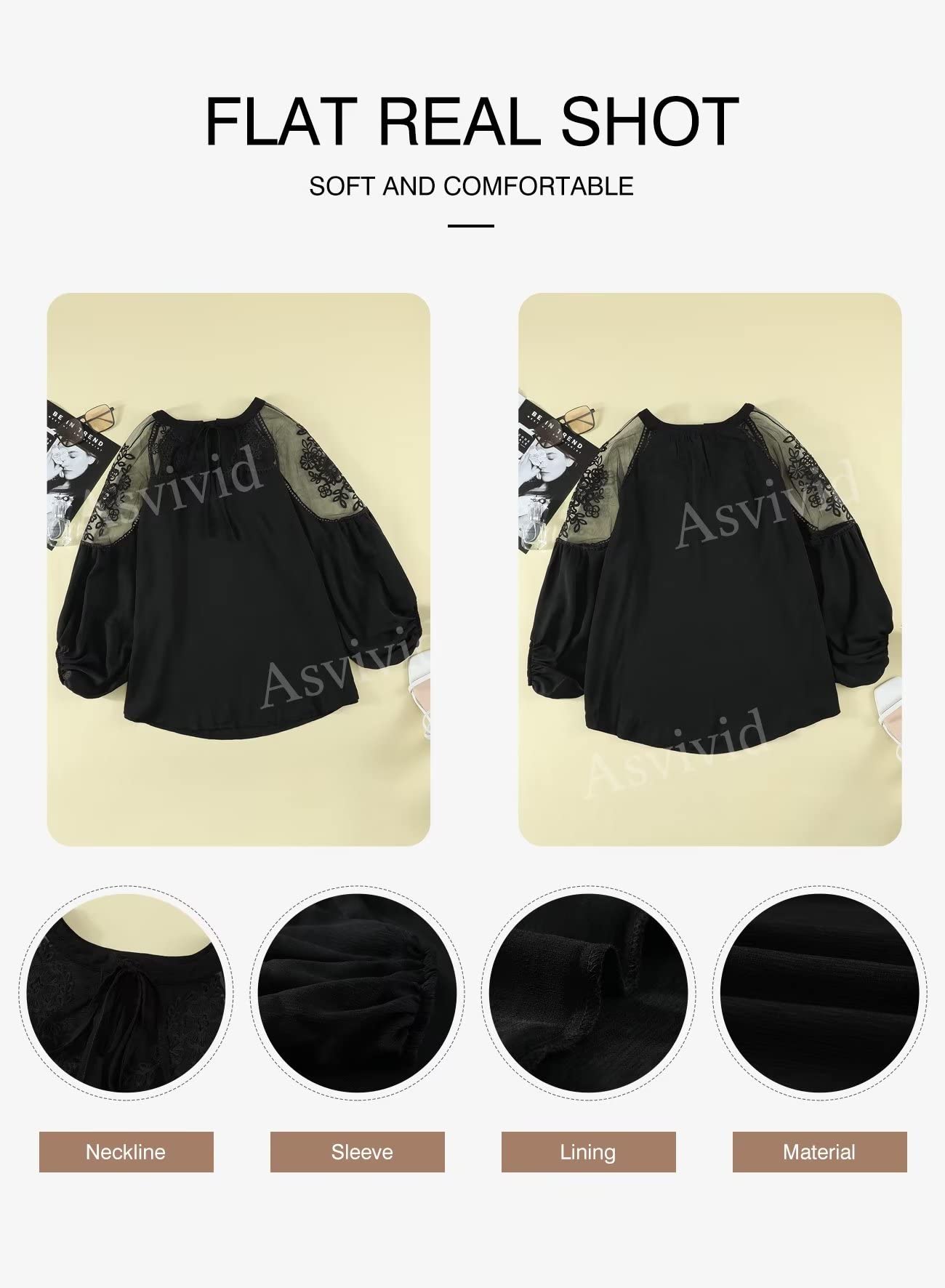 Asvivid Womens V Neck Crochet Lace Tops Casual Loose Puff Long Sleeve Shirts Chiffon Blouses