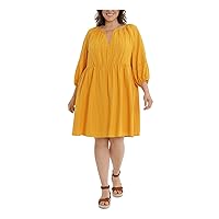 London Times Womens Yellow Gathered Pocketed 3/4 Sleeve V Neck Above The Knee Wear to Work Fit + Flare Dress Plus 1X