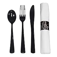 Pre-Rolled Disposable Extra Heavy Duty Plastic Cutlery Kit with Black Fork/Knife/Spoon and 3-Ply White Napkin (Case of 100 rolls)