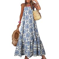 Dokotoo Women Summer Dresses 2024 Spaghetti Strap Scoop Neck Smocked Ruffle Flowy Boho Maxi Dress