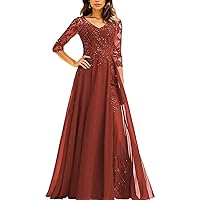 Sequins Lace Mother of The Bride Dresses with Sleeve V-Neck Pleated Long Chiffon Formal Dress with Applique