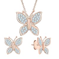 Beautiful Butterfly Shaped Round Cut White Diamond 14k Gold Over .925 Sterling Silver Pendant Necklace Stud Earrings Set For Girl's & Women's
