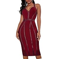 Whoinshop Women's Bandage Halter V Neck Midi Cocktial Bodycon Club Party Dress