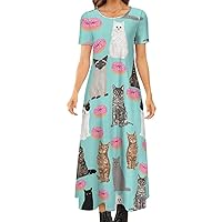 Cat and Donuts Women's Summer Casual Short Sleeve Maxi Dress Crew Neck Printed Long Dresses
