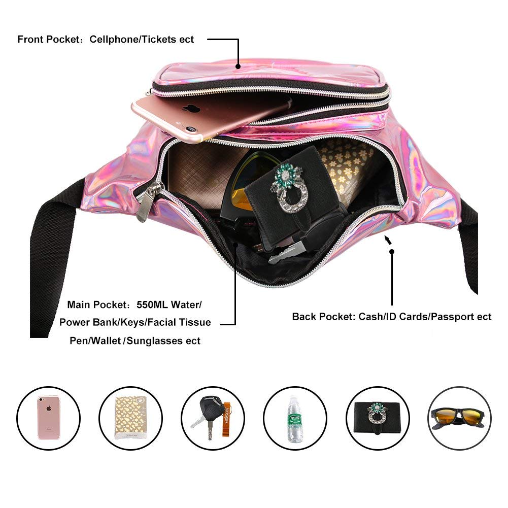 Holographic Fanny Pack for Women Men, Water Resistant Crossbody Waist Bag Pack with Multi-Pockets Adjustable Belts