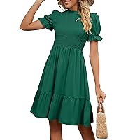 Leezeshaw Solid Summer Casual Mini Smocked Dresses for Women Puff Sleeve Mock Neck Tiered Flowy Dresses Green