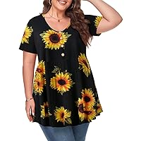 MONNURO Womens Plus Size Summer Babydoll Tops V Neck Button - Up T Shirts for Women Loose Fit