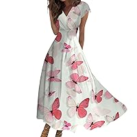 Amazon Overstock Outlet Store Clearance Prime Floral Dress for Women Butterfly Pattern Fashion Modest Elegant with Short Sleeve V Neck Swing Tunic Dresses Light Pink 3X-Large