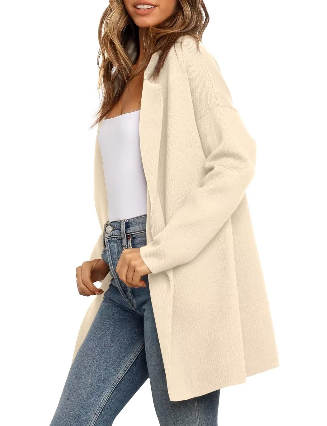 ZOLUCKY Women's Open Front Knit Cardigan Long Sleeve Lapel Casual Solid Classy Sweater Jacket