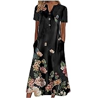 HHmei Summer Dresses for Women 2023 Casual Stripe Button V Neck Sleeveless Pocket Long Holiday Dress Floral Beach Dress