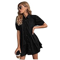 Summer Dresses for Women 2022 Puff Sleeve Button Front Ruffle Hem Dress Dresses for Women (Color : Black, Size : Large)