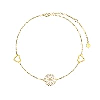 14K Real Gold Flower Bracelet for Women Girls,Yellow Gold Exquisite Lotus Pearl Bracelet/Daisy Heart Bracelet/Sunflower Bracelet Anklet Anniversary Birthday Gifts for Her 6.5''+1''+1''