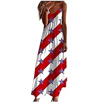 Stars Stripes USA Flag Maxi Dress Women 4th of July Patriotic Sundress Sleeveless V Neck Backless Flowy Beach Dress
