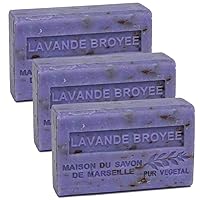Savon de Marseille - French Soap made with Organic Shea Butter - Crushed Lavender Fragrance - Suitable for All Skin Types - 125 Gram Bars - Set of 3