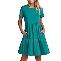 Women's V-Neck Short Sleeve Swing Dress Flared Ruffle Hem Casual Mini Dress for Summer, S-XL