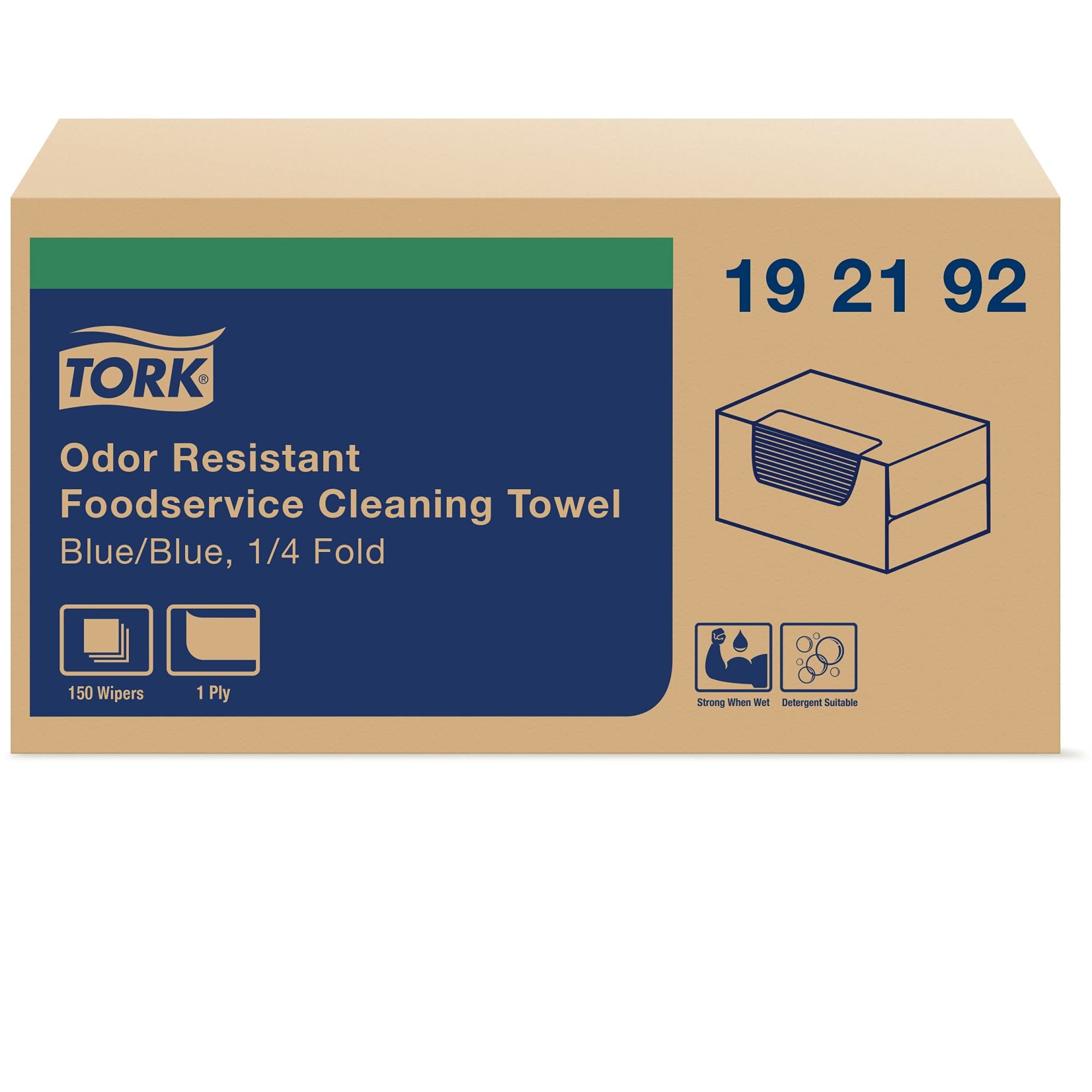 Tork 192192 Odor Resistant Foodservice Cleaning Towel, 1/4 Fold, 13" Width x 24" Length, Blue/Blue Stripe (Case of 1 Box, 150 Cloths per Box)