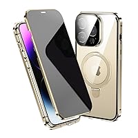Anti-Peeping Case for iPhone 15 Pro Max Case Magnetic Ring Stand Compatible with Magsafe Wireless Charging Privacy Screen Camera Lens Protector 360 Full Body Protection (15ProMax, Gold)