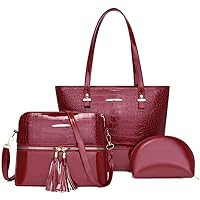Women's 3pcs Handbag Crocodile Pattern Top-Handle Bag Patent Leather Shoulder Bag Tassels Purse Fashion Satchel Tote