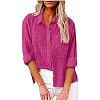 Prime Deals of The Day Today Clearance Cotton Linen Button Down Shirts for Women Long Sleeve Collared Work Blouse Trendy Loose Fit Summer Tops with Pocket