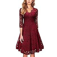 Women's Retro Floral Lace V Neck 3/4 Sleeve Bridesmaid Cocktail A-Line Dress Formal Wedding Party Knee Length Gown