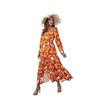 Women's Floral Maxi Ruffle Half Sleeves V Neck Flowy Ruffle Hem Floral Print Long Elegant Dresses with Belt