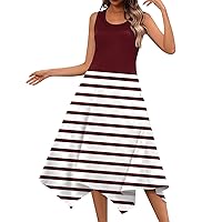 Casual Long Dresses for Women Sundresses for Women 2024 Striped Print Casual Fashion Patchwork Slim with Sleeveless Round Neck Swing Dress Red X-Large