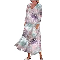 Spring Dresses for Women 2024 Printed 3/4 Sleeve Dress with Pocket Trendy Vacation Dresses Swing Casual Beach Dress