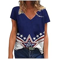 American Flag Shirts for Women 4th of July T-Shirt Vintage Short Sleeve V Neck Blouse Tops Stars and Stripes Tees