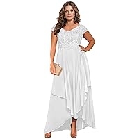 Mother of The Bride Dresses for Wedding V Neck Capped Sleeve Lace Bodice Chiffon Skirt Tea Length Formal Gown
