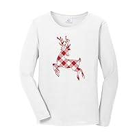 Threadrock Women's Red Plaid Reindeer Long Sleeve T-Shirt