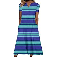 Trendy Color Block Short Sleeve Casual T-Shirt Dress for Womens Summer Tunic Loose Fit V Neck Mid Dress with Pockets