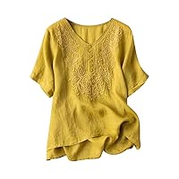 Womens Cotton Linen Embroidered Blouse Short Sleeve Crew Neck Peasant Boho Top Casual Vintage Loose Button-Down T Shirts