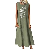 Women's Summer Maxi Dress Casual Crewneck Sleeveless Printed Cotton Linen Swing Long Dresses Beach Flowy Sundress