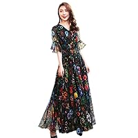 MedeShe Women's Bell Sleeve Flowy Chiffon Maxi Dress Holiday Beach Floral Sundress