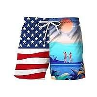 Men's Beach Shorts USA Flag 4th of July Independence Day Square Leg Swim Briefs Swimsuit Floral Bird Printed Hawaiian Shorts