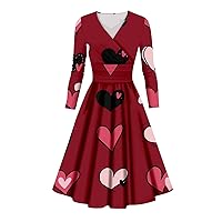 Women's Summer Dress Fashion Casual Valentine's Day Print Long Sleeve V-Neck Sexy Dress Formal, S-5XL
