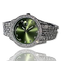 Men's Round White Silver Green Custom Dial Wrist Watch Band Luxury Round CZ Diamond Iced Bracelet Watch Roman Numeric Dial Watch for Men Women Hip Hop Rapper Choice, Iced Watch Custom Fit