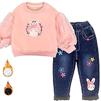 Peacolate Spring Autumn Winter Little Girls 2pcs Clothing Sets Long Sleeve Bunny Pink Fleece-Lined T-Shirt and Flower Embroidery Jeans(Pink,4Years)