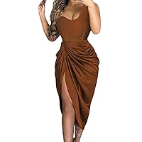 Womens Summer Dresses Ladies Dress Solid Color Sexy Slit Long Skirt Shirred One Shoulder Evening Dress(Brown,Large)