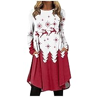 Women's Fashion Casual Christmas Printed Round Neck Pullover Loose Long Sleeve Dress